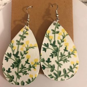 Yellow Green floral leaf wooden teardrop earrings handmade